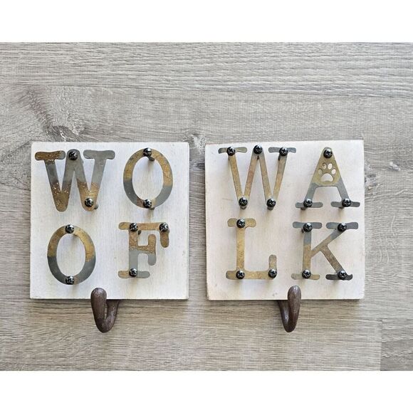 2 Mudpie WALK  WOOF Iron Hook Dog Leash Hanger HANGERS - Picture 1 of 11